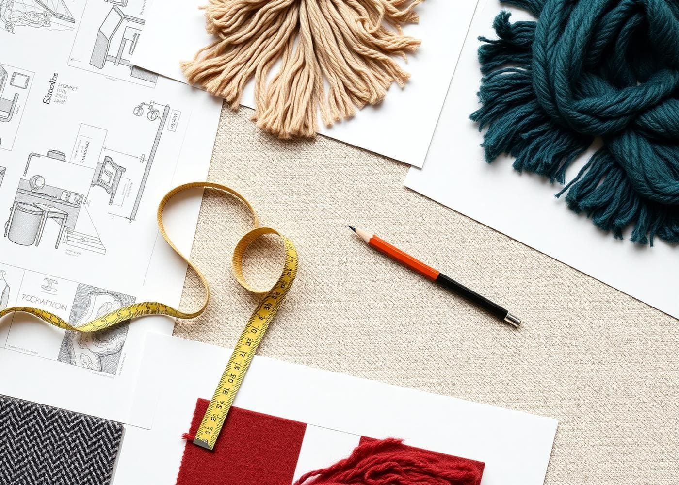 Rug design sketches with wool yarn samples